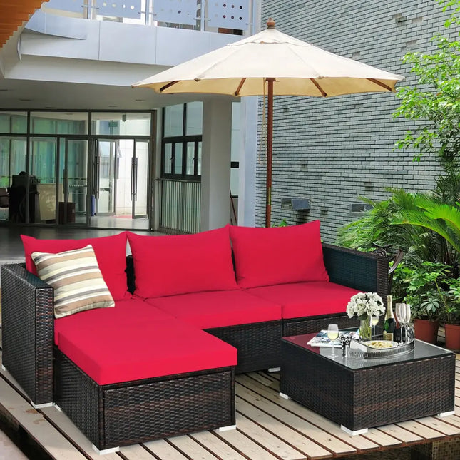 5 Pieces Patio Rattan Sectional Furniture Set with Cushions and Coffee Table-Red - Red - Outdoor Sectionals