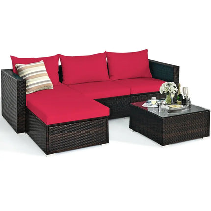 5 Pieces Patio Rattan Sectional Furniture Set with Cushions and Coffee Table-Red - Red - Outdoor Sectionals