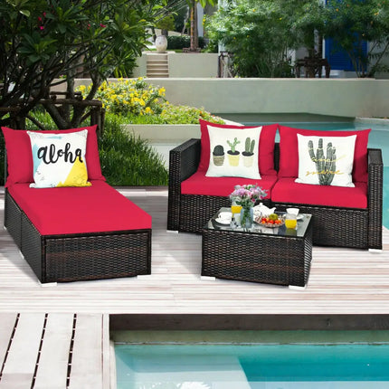 5 Pieces Patio Rattan Sectional Furniture Set with Cushions and Coffee Table-Red - Red - Outdoor Sectionals