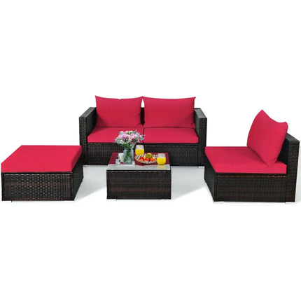 5 Pieces Patio Rattan Sectional Furniture Set with Cushions and Coffee Table-Red - Red - Outdoor Sectionals