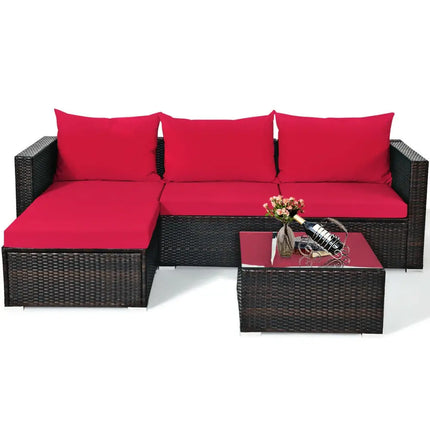 5 Pieces Patio Rattan Sectional Furniture Set with Cushions and Coffee Table-Red - Red - Outdoor Sectionals
