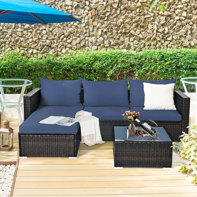 5 Pieces Patio Rattan Sectional Furniture Set with Cushions and Coffee Table -Navy - Navy - Outdoor Sectionals