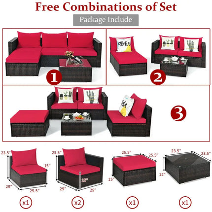 5 Pieces Patio Rattan Sectional Furniture Set with Cushions and Coffee Table-Red - Red - Outdoor Sectionals