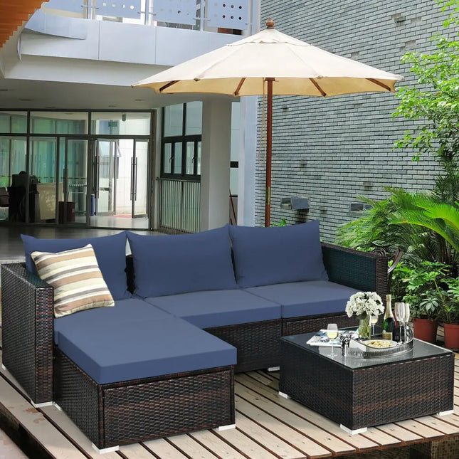 5 Pieces Patio Rattan Sectional Furniture Set with Cushions and Coffee Table -Navy - Navy - Outdoor Sectionals