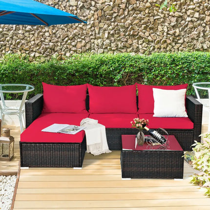 5 Pieces Patio Rattan Sectional Furniture Set with Cushions and Coffee Table-Red - Red - Outdoor Sectionals