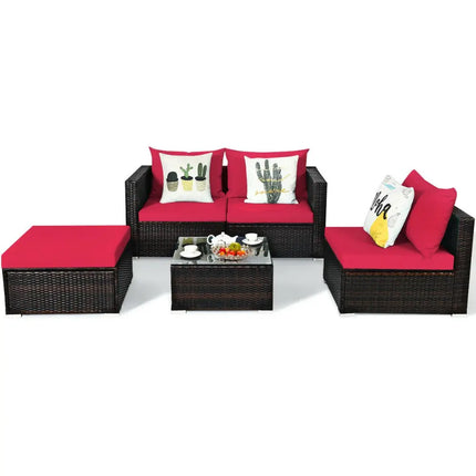 5 Pieces Patio Rattan Sectional Furniture Set with Cushions and Coffee Table-Red - Red - Outdoor Sectionals