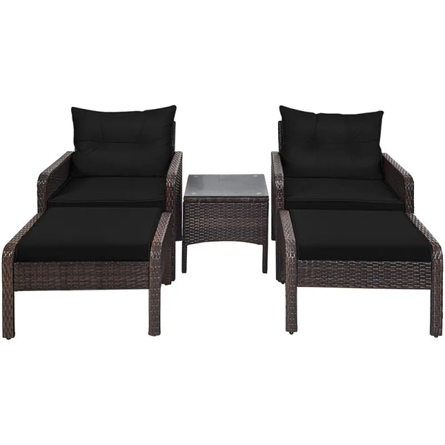 5 Pieces Patio Rattan Sofa Ottoman Furniture Set with Cushions-Black - Black - Patio Furniture Sets