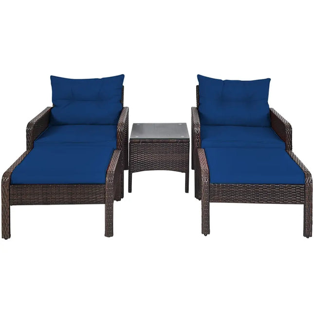 5 Pieces Patio Rattan Sofa Ottoman Furniture Set with Cushions-Navy - Navy - Patio Furniture Sets