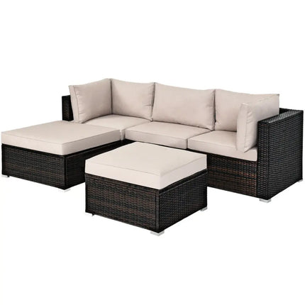 5 Pieces Patio Rattan Sofa Set with Cushion and Ottoman-Beige - Beige - Outdoor Sectionals