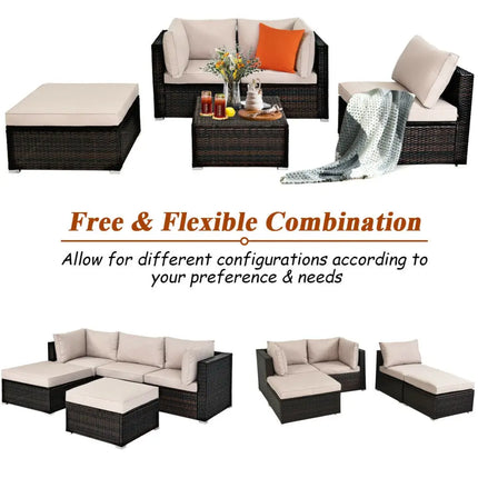 5 Pieces Patio Rattan Sofa Set with Cushion and Ottoman-Beige - Beige - Outdoor Sectionals
