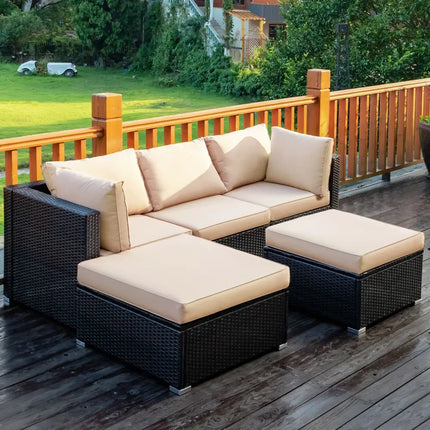 5 Pieces Patio Rattan Sofa Set with Cushion and Ottoman-Beige - Beige - Outdoor Sectionals