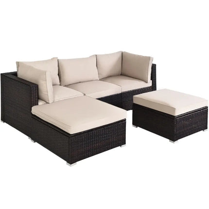 5 Pieces Patio Rattan Sofa Set with Cushion and Ottoman-Beige - Beige - Outdoor Sectionals