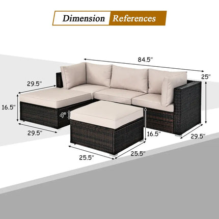 5 Pieces Patio Rattan Sofa Set with Cushion and Ottoman-Beige - Beige - Outdoor Sectionals