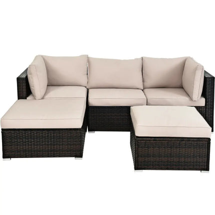 5 Pieces Patio Rattan Sofa Set with Cushion and Ottoman-Beige - Beige - Outdoor Sectionals