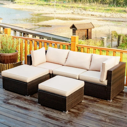 5 Pieces Patio Rattan Sofa Set with Cushion and Ottoman-Beige - Beige - Outdoor Sectionals