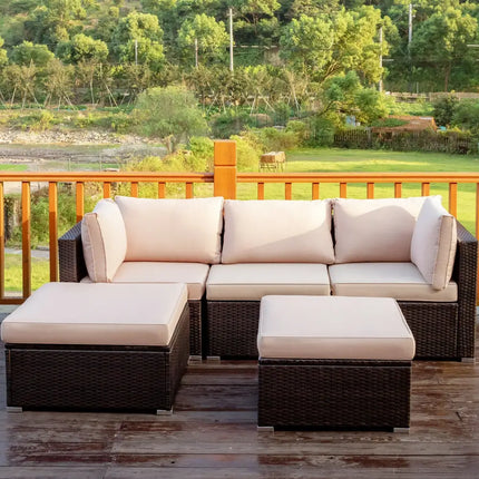 5 Pieces Patio Rattan Sofa Set with Cushion and Ottoman-Beige - Beige - Outdoor Sectionals