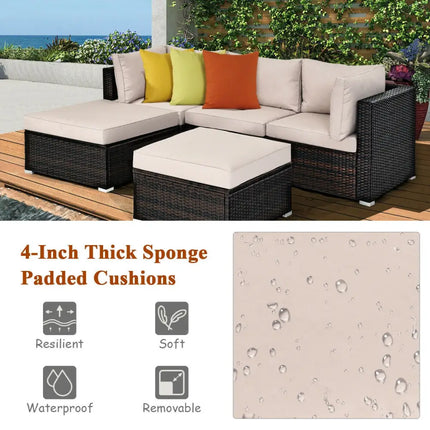 5 Pieces Patio Rattan Sofa Set with Cushion and Ottoman-Beige - Beige - Outdoor Sectionals