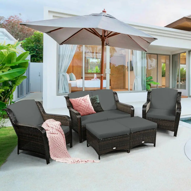 5 Pieces Patio Rattan Sofa Set with Cushion and Ottoman-Gray - Gray - Outdoor Sectionals
