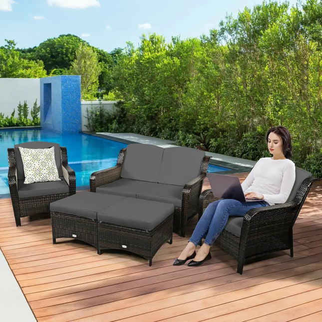 5 Pieces Patio Rattan Sofa Set with Cushion and Ottoman-Gray - Gray - Outdoor Sectionals