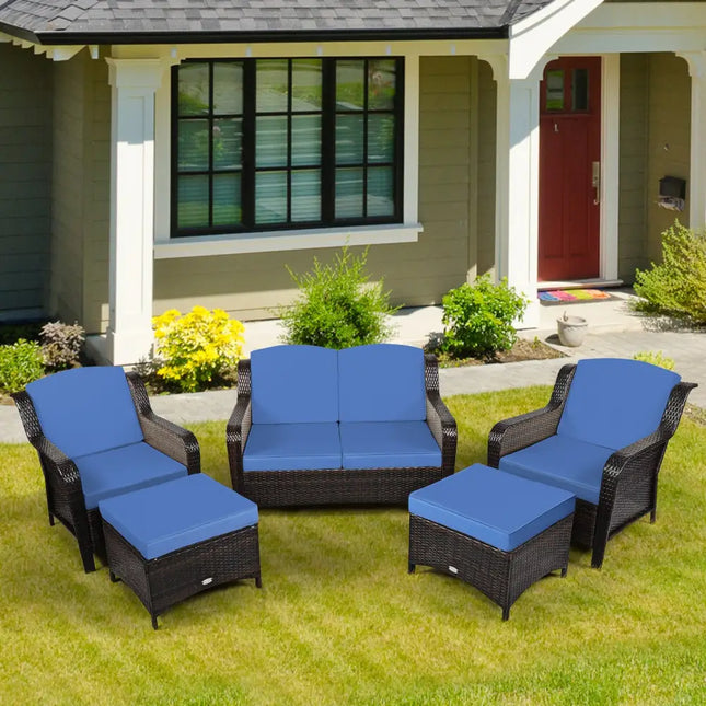 5 Pieces Patio Rattan Sofa Set with Cushion and Ottoman-Navy - Navy - Outdoor Sectionals