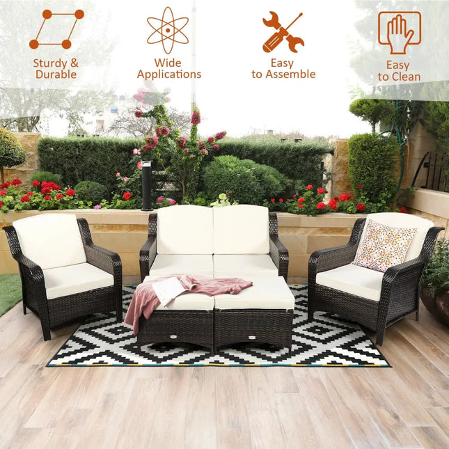 5 Pieces Patio Rattan Sofa Set with Cushion and Ottoman-Off White - Off White - Outdoor Sectionals