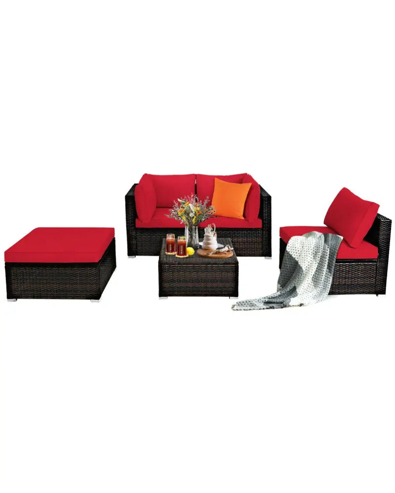 5 Pieces Patio Rattan Sofa Set with Cushion and Ottoman-Red - Red - Outdoor Sectionals