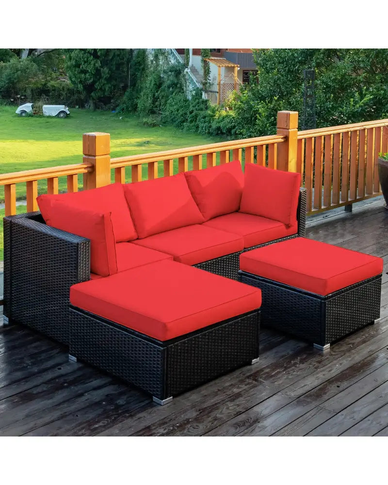 5 Pieces Patio Rattan Sofa Set with Cushion and Ottoman-Red - Red - Outdoor Sectionals
