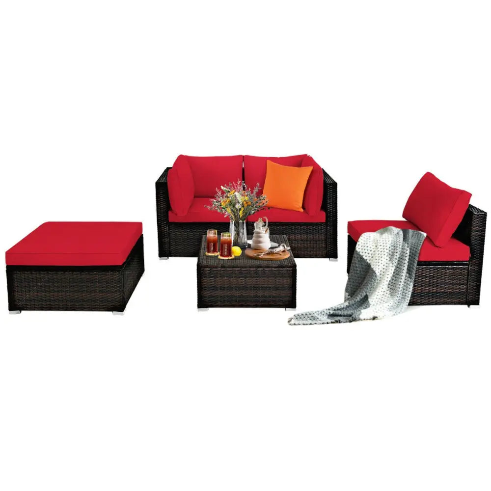5 Pieces Patio Rattan Sofa Set with Cushion and Ottoman-Red - Red - Outdoor Sectionals