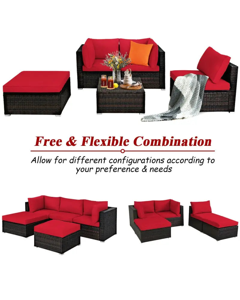 5 Pieces Patio Rattan Sofa Set with Cushion and Ottoman-Red - Red - Outdoor Sectionals
