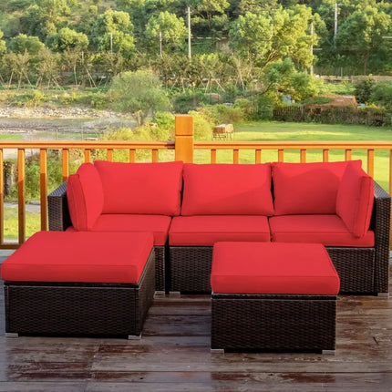 5 Pieces Patio Rattan Sofa Set with Cushion and Ottoman-Red - Red - Outdoor Sectionals