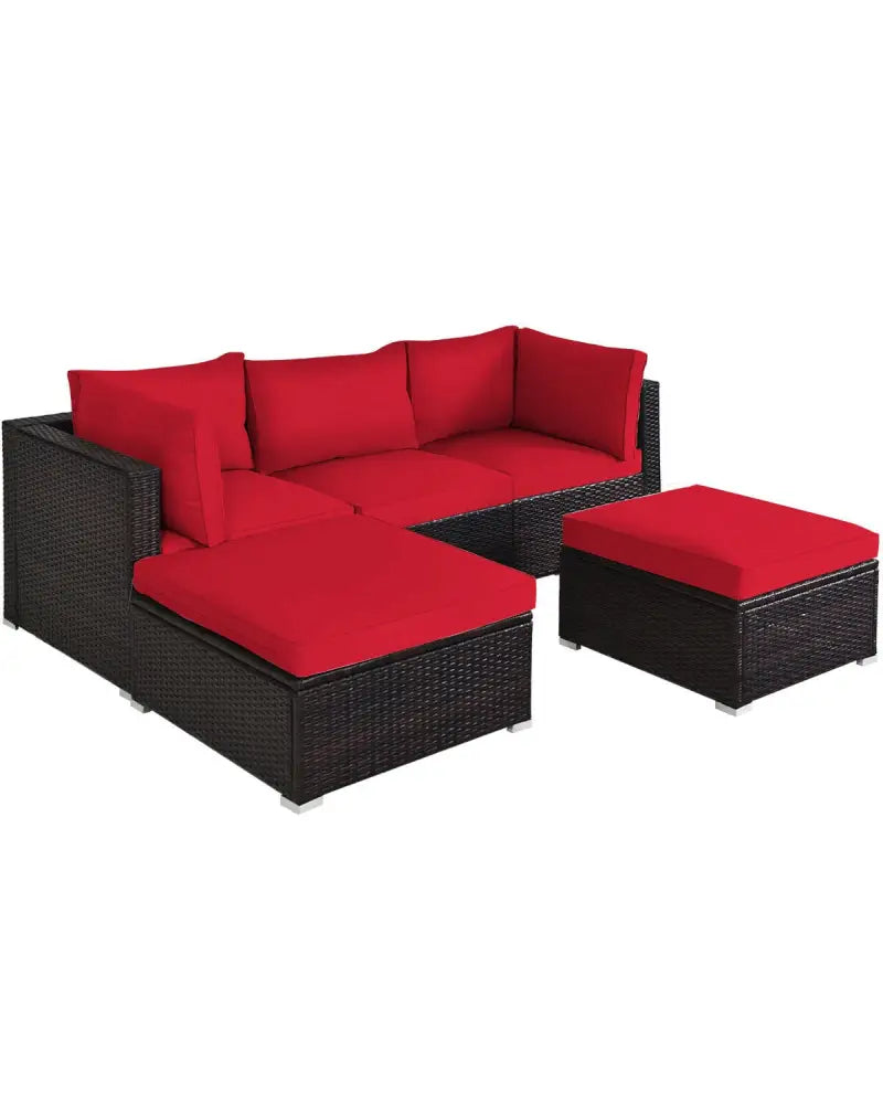 5 Pieces Patio Rattan Sofa Set with Cushion and Ottoman-Red - Red - Outdoor Sectionals