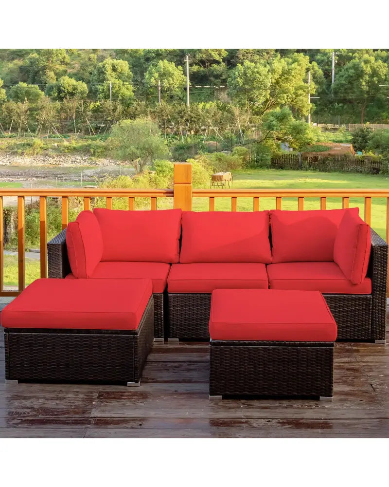 5 Pieces Patio Rattan Sofa Set with Cushion and Ottoman-Red - Red - Outdoor Sectionals