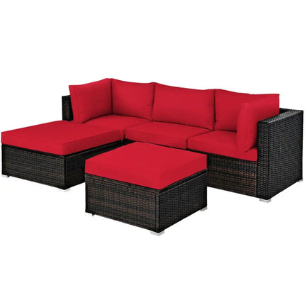 5 Pieces Patio Rattan Sofa Set with Cushion and Ottoman-Red - Red - Outdoor Sectionals