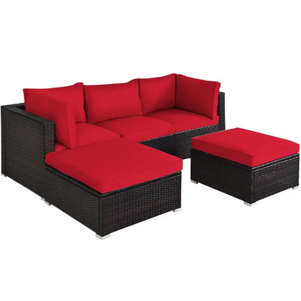 5 Pieces Patio Rattan Sofa Set with Cushion and Ottoman-Red - Red - Outdoor Sectionals
