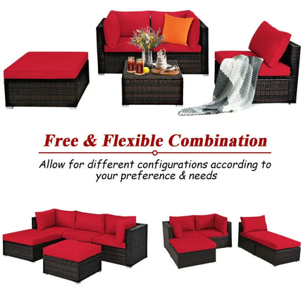 5 Pieces Patio Rattan Sofa Set with Cushion and Ottoman-Red - Red - Outdoor Sectionals