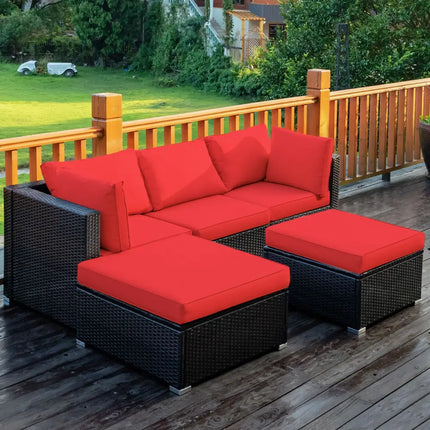 5 Pieces Patio Rattan Sofa Set with Cushion and Ottoman-Red - Red - Outdoor Sectionals