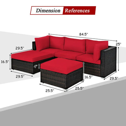 5 Pieces Patio Rattan Sofa Set with Cushion and Ottoman-Red - Red - Outdoor Sectionals