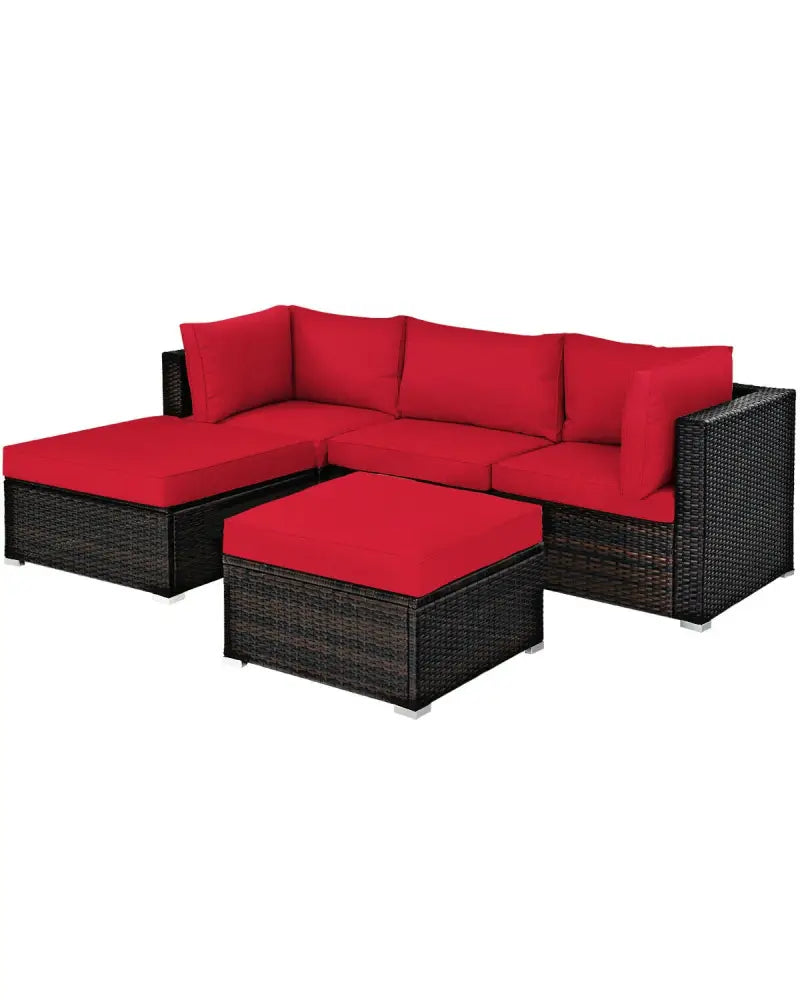 5 Pieces Patio Rattan Sofa Set with Cushion and Ottoman-Red - Red - Outdoor Sectionals