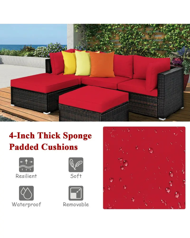 5 Pieces Patio Rattan Sofa Set with Cushion and Ottoman-Red - Red - Outdoor Sectionals