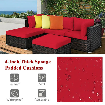 5 Pieces Patio Rattan Sofa Set with Cushion and Ottoman-Red - Red - Outdoor Sectionals