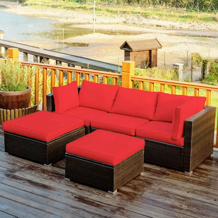 5 Pieces Patio Rattan Sofa Set with Cushion and Ottoman-Red - Red - Outdoor Sectionals