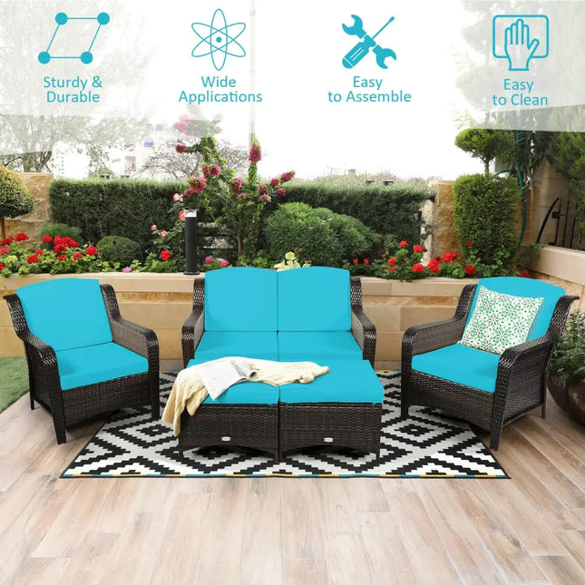 5 Pieces Patio Rattan Sofa Set with Cushion and Ottoman-Turquoise - Turquoise - Outdoor Sectionals