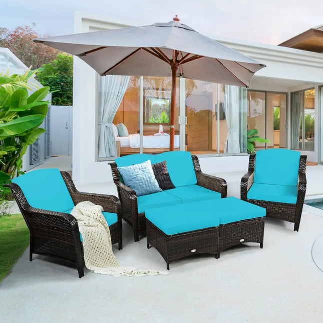5 Pieces Patio Rattan Sofa Set with Cushion and Ottoman-Turquoise - Turquoise - Outdoor Sectionals