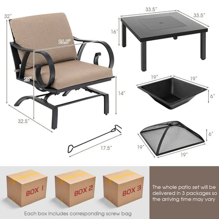 5 Pieces Patio Rocking Chairs and 4-in-1 Fire Pit Table with Fire Poker - Brown - Patio Conversation Sets