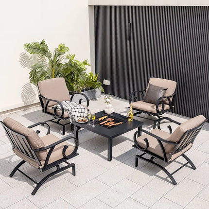 5 Pieces Patio Rocking Chairs and 4-in-1 Fire Pit Table with Fire Poker - Brown - Patio Conversation Sets