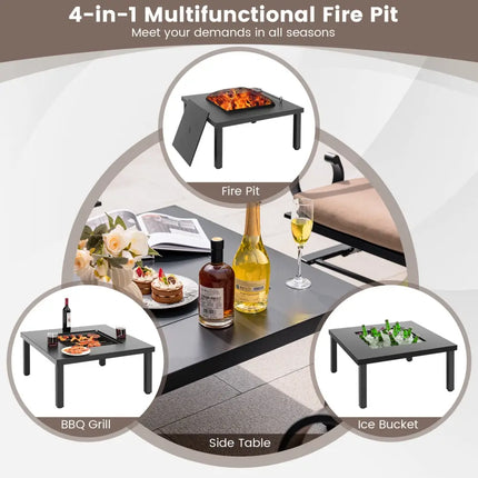 5 Pieces Patio Rocking Chairs and 4-in-1 Fire Pit Table with Fire Poker - Brown - Patio Conversation Sets
