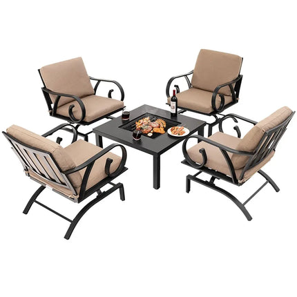 5 Pieces Patio Rocking Chairs and 4-in-1 Fire Pit Table with Fire Poker - Brown - Patio Conversation Sets