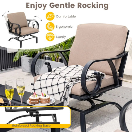 5 Pieces Patio Rocking Chairs and 4-in-1 Fire Pit Table with Fire Poker - Brown - Patio Conversation Sets