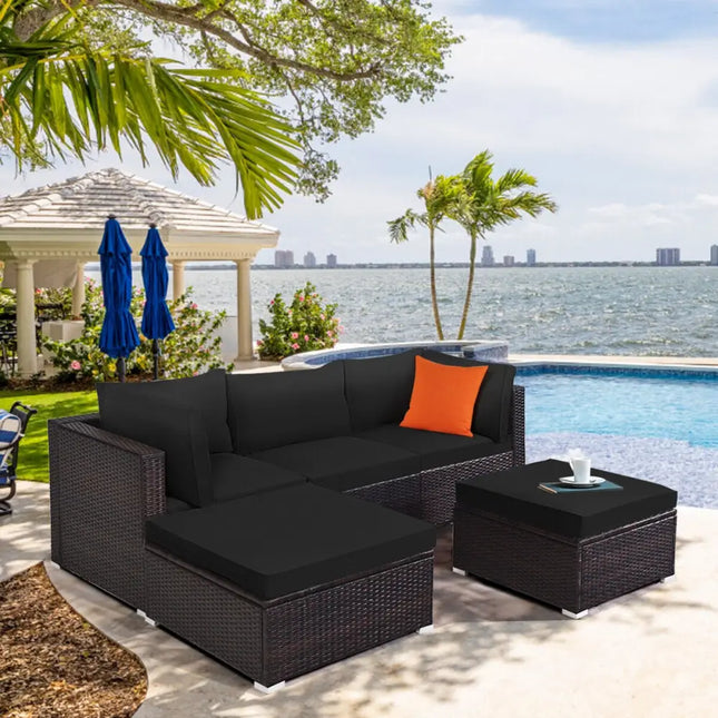 5 Pieces Patio Sectional Rattan Furniture Set with Ottoman Table-Black - Black - Outdoor Sectionals