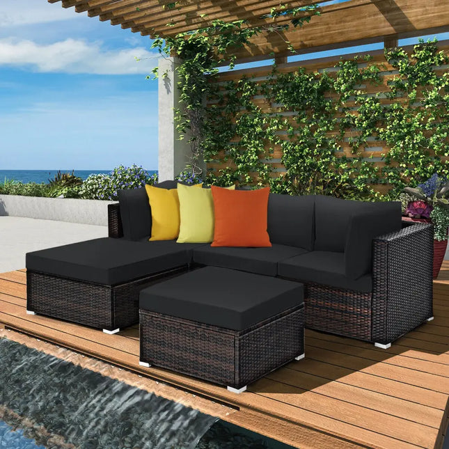 5 Pieces Patio Sectional Rattan Furniture Set with Ottoman Table-Black - Black - Outdoor Sectionals